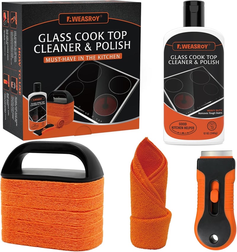 AWEASROY Glass Stove Top Cleaner Kit 12 oz, Cooktop Cleaner and Polish Non-Abrasive No Scratch Removes Tough Stains, with Scrubbing Pad, Handle, Scraper, Cloth - Image 1